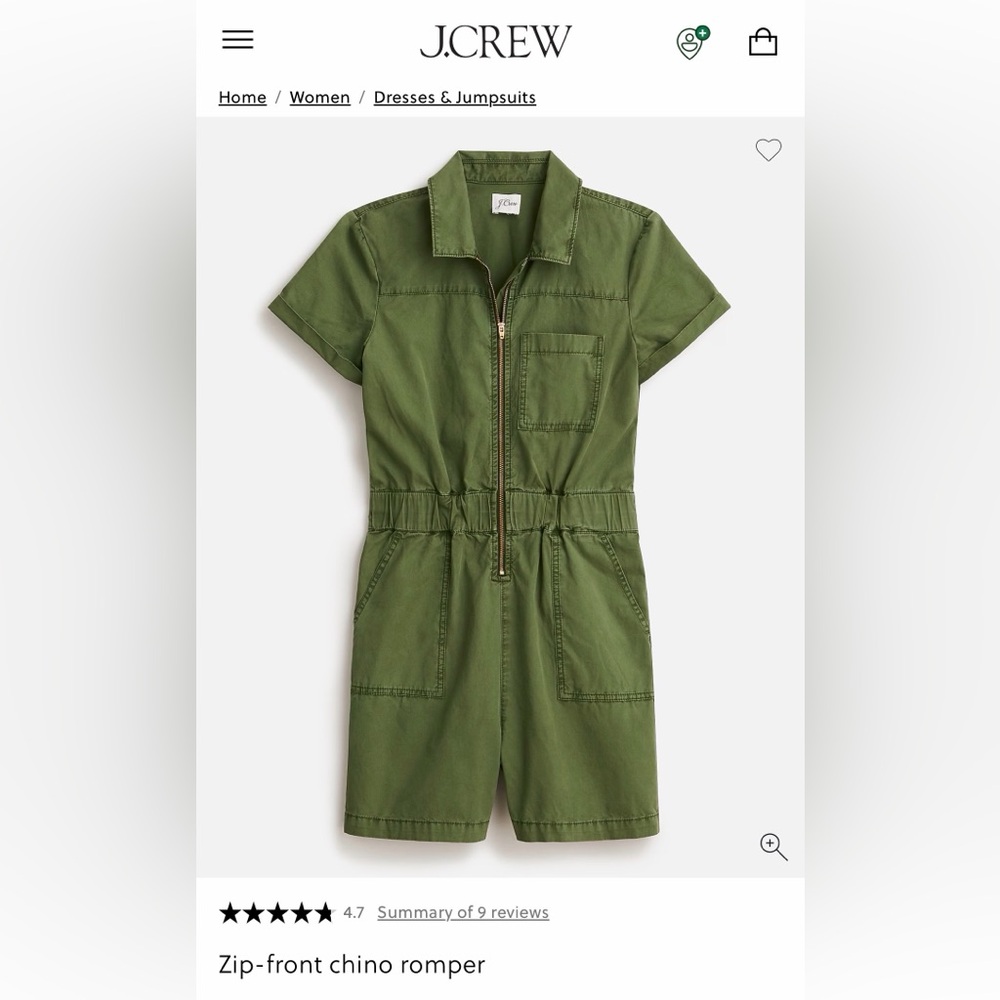 J. Crew Green Olive Zip-Front Utility Romper